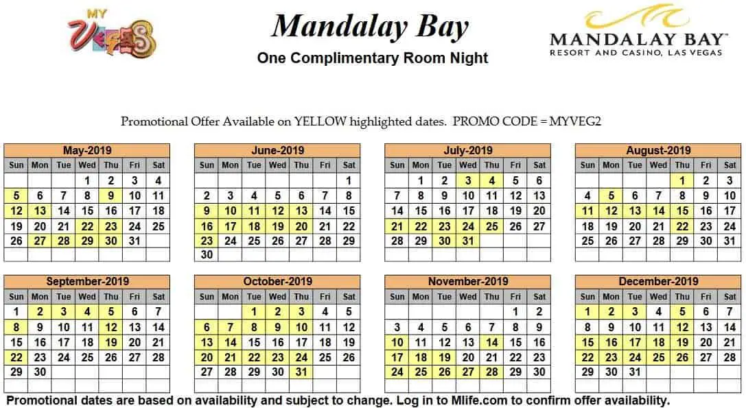 Image of Mandalay Resort & Casino Las Vegas one complimentary room night myVEGAS Slots calendar 2019.